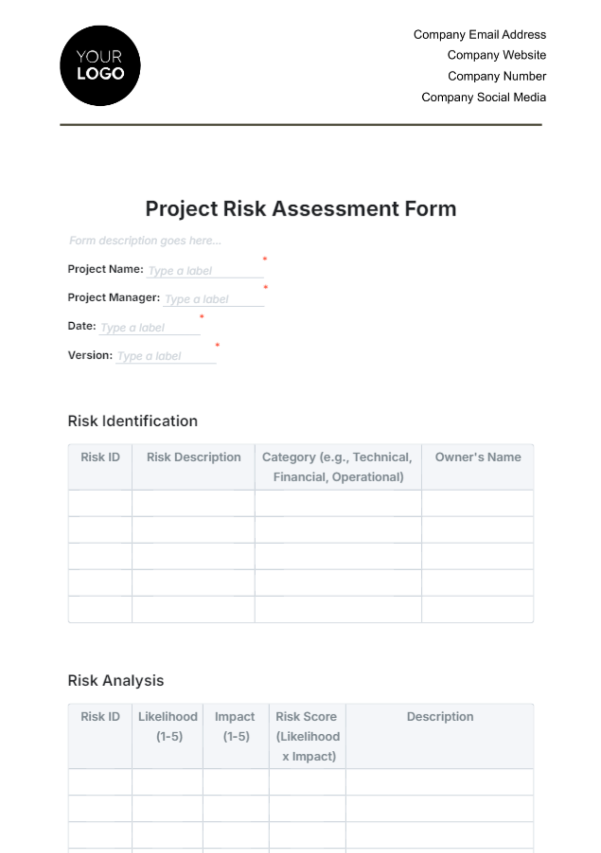 Project Risk Assessment Form Template - Edit Online & Download