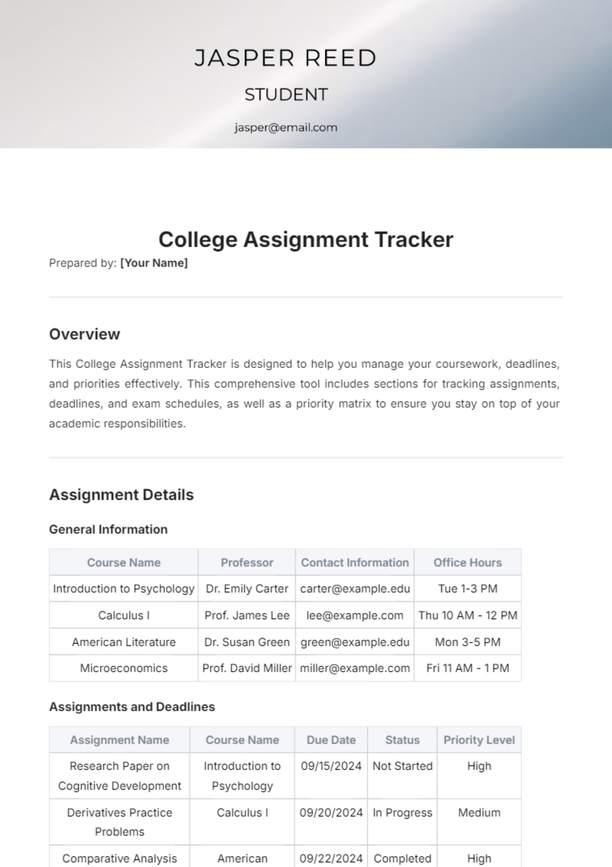 College Assignment Tracker Template - Edit Online & Download