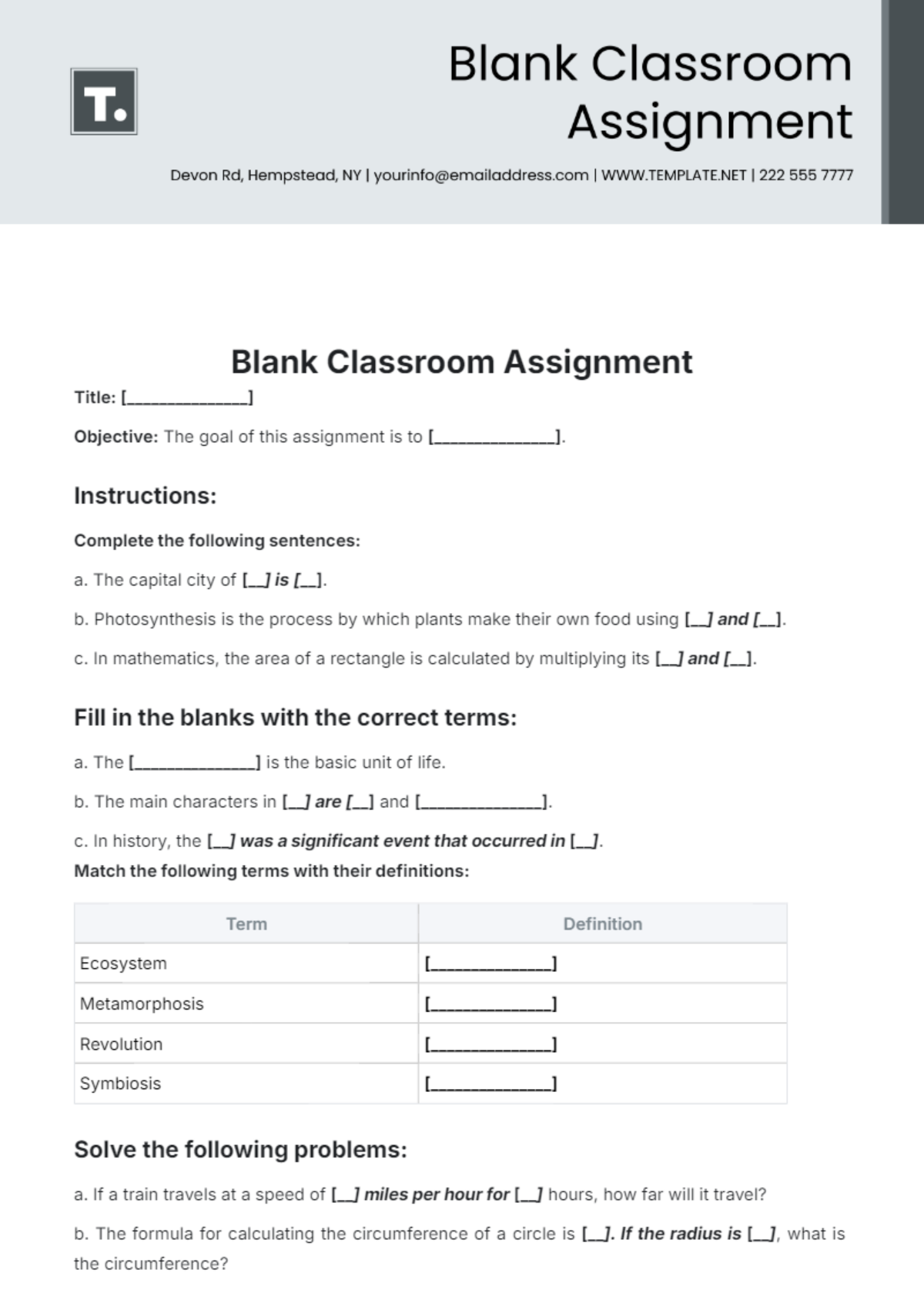 Blank Classroom Assignment Template - Edit Online & Download