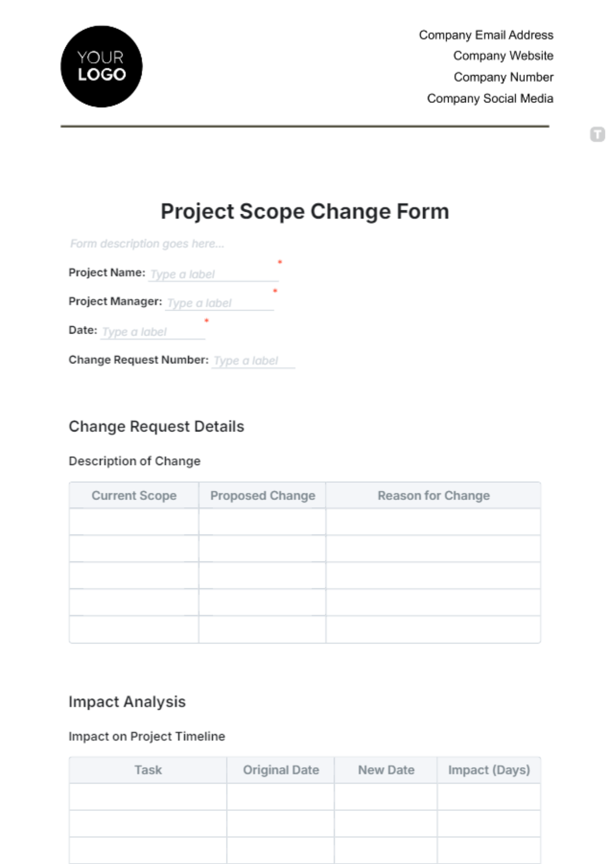 Project Scope Change Form Template