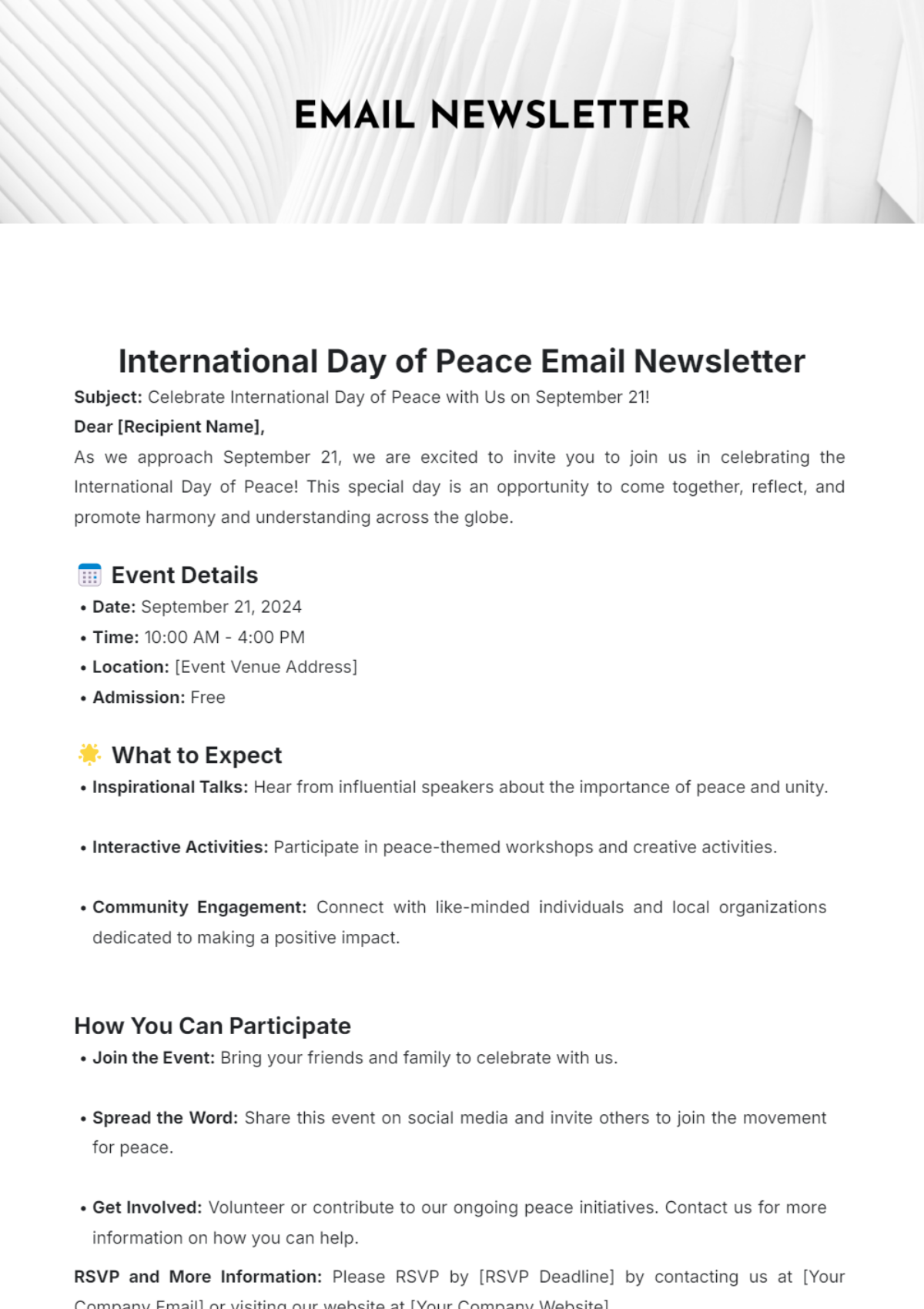 International Day of Peace Email Newsletter Template - Edit Online & Download