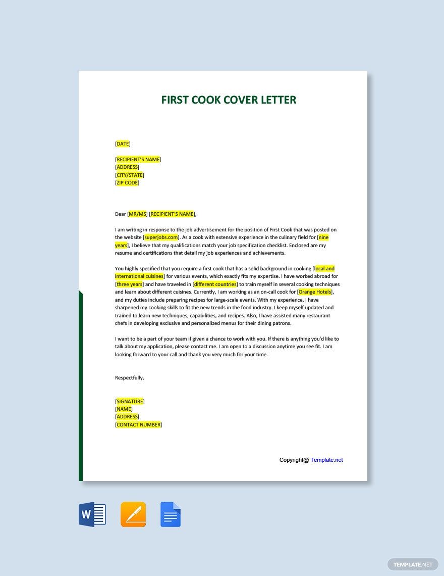 Cook Cover Letter In PDF FREE Template Download Template