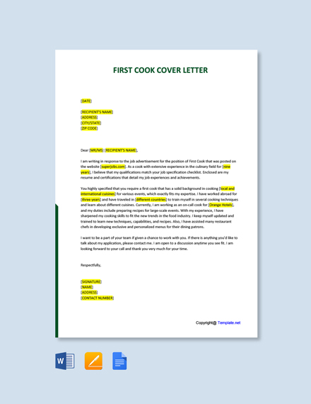 12 FREE Cook Cover Letter Templates Google Docs Template Net   First Cook Cover Letter 