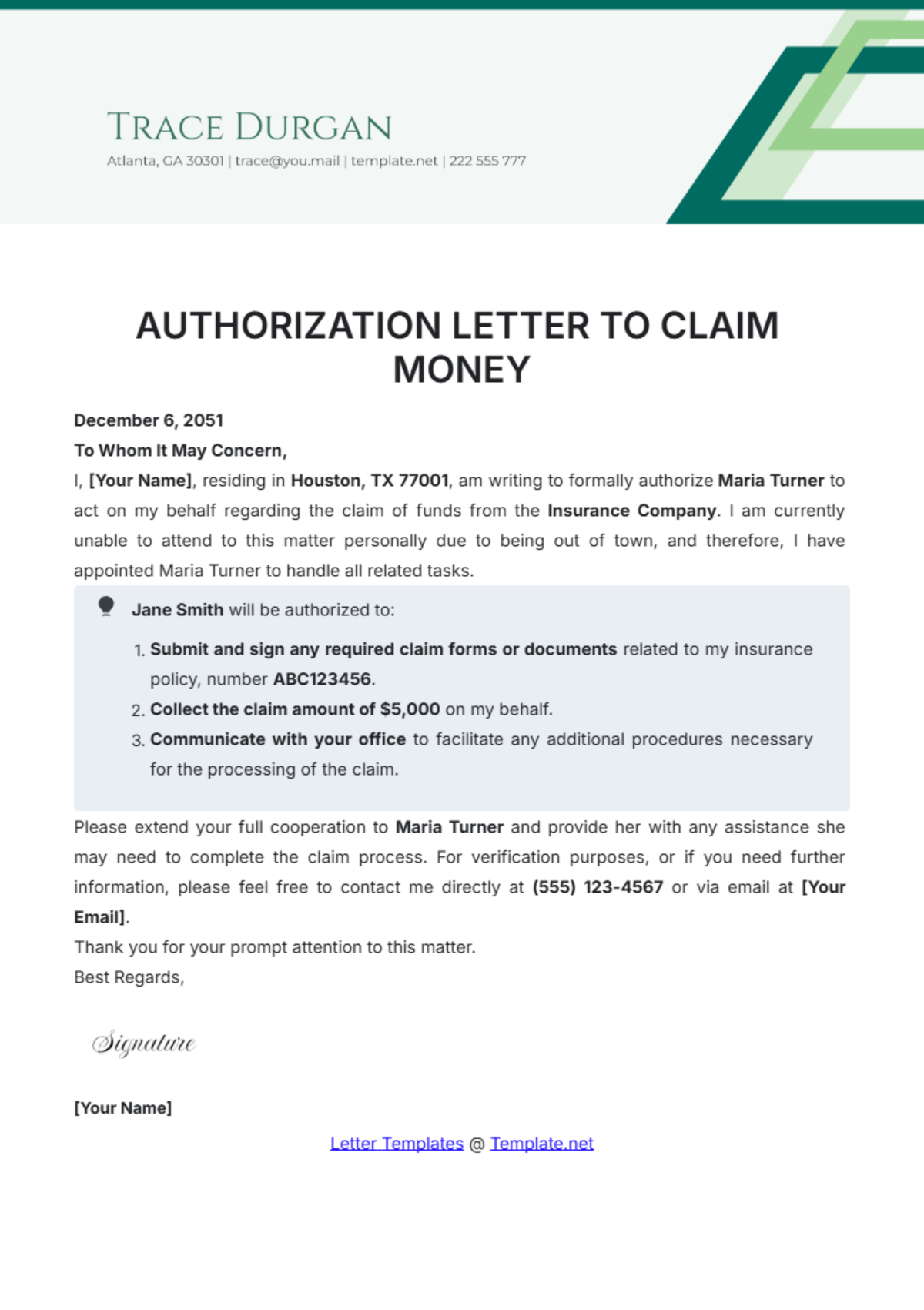 Authorization Letter to Claim Money Template - Edit Online & Download