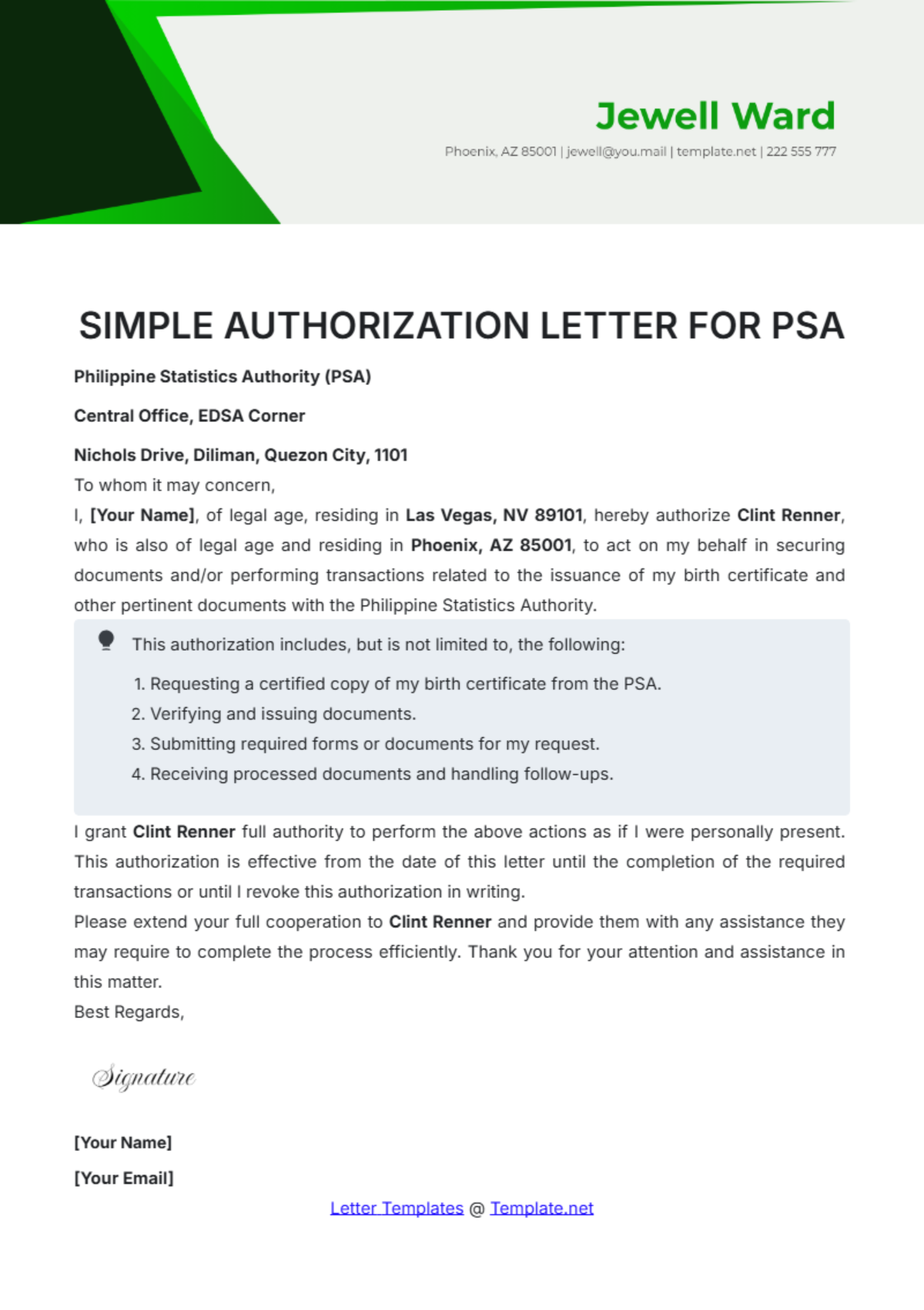 Free Simple Authorization Letter for PSA Template - Edit Online ...