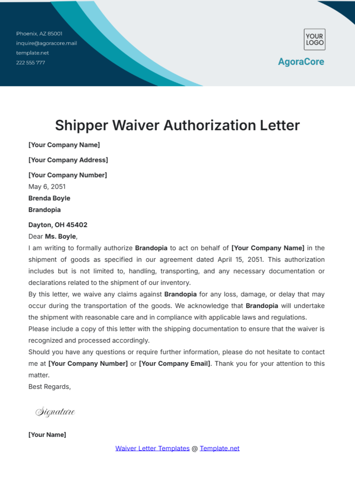 Shipper Waiver Authorization Letter Template - Edit Online & Download