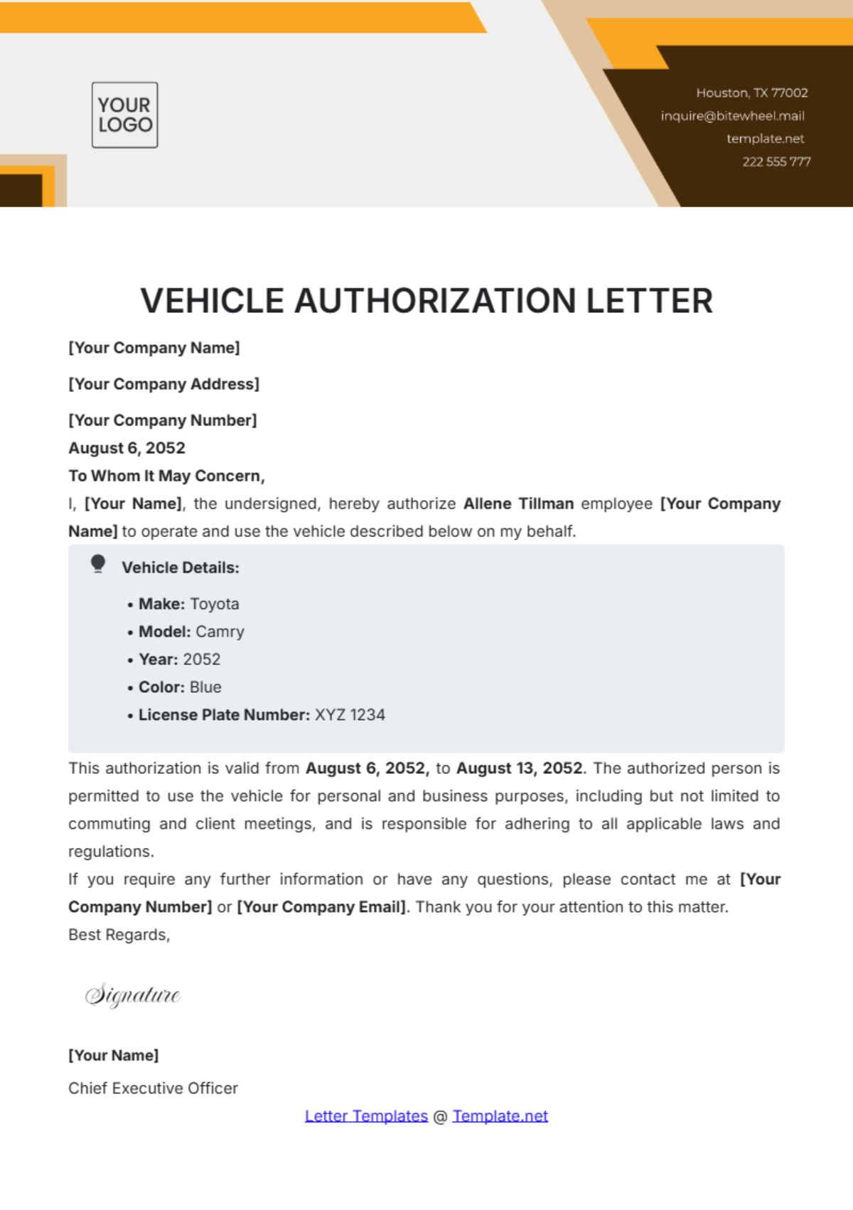 Vehicle Authorization Letter Template - Edit Online & Download