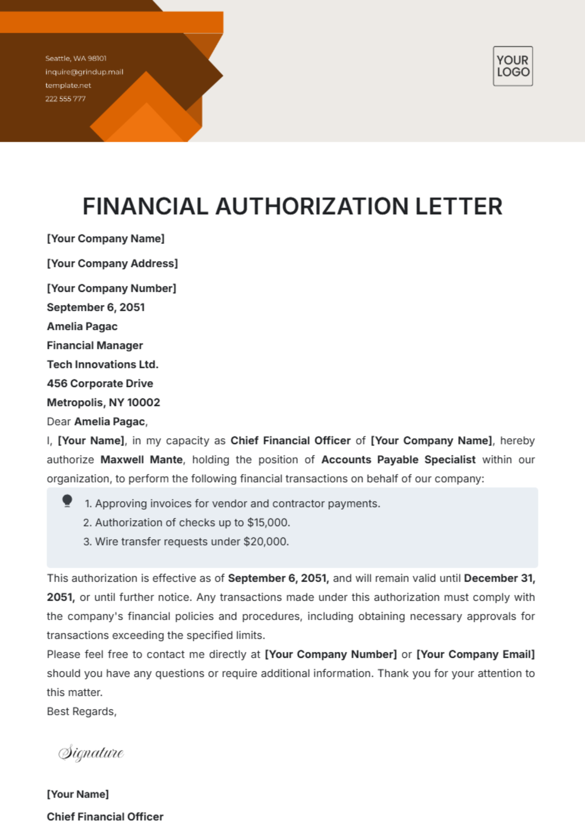 Financial Authorization Letter Template - Edit Online & Download