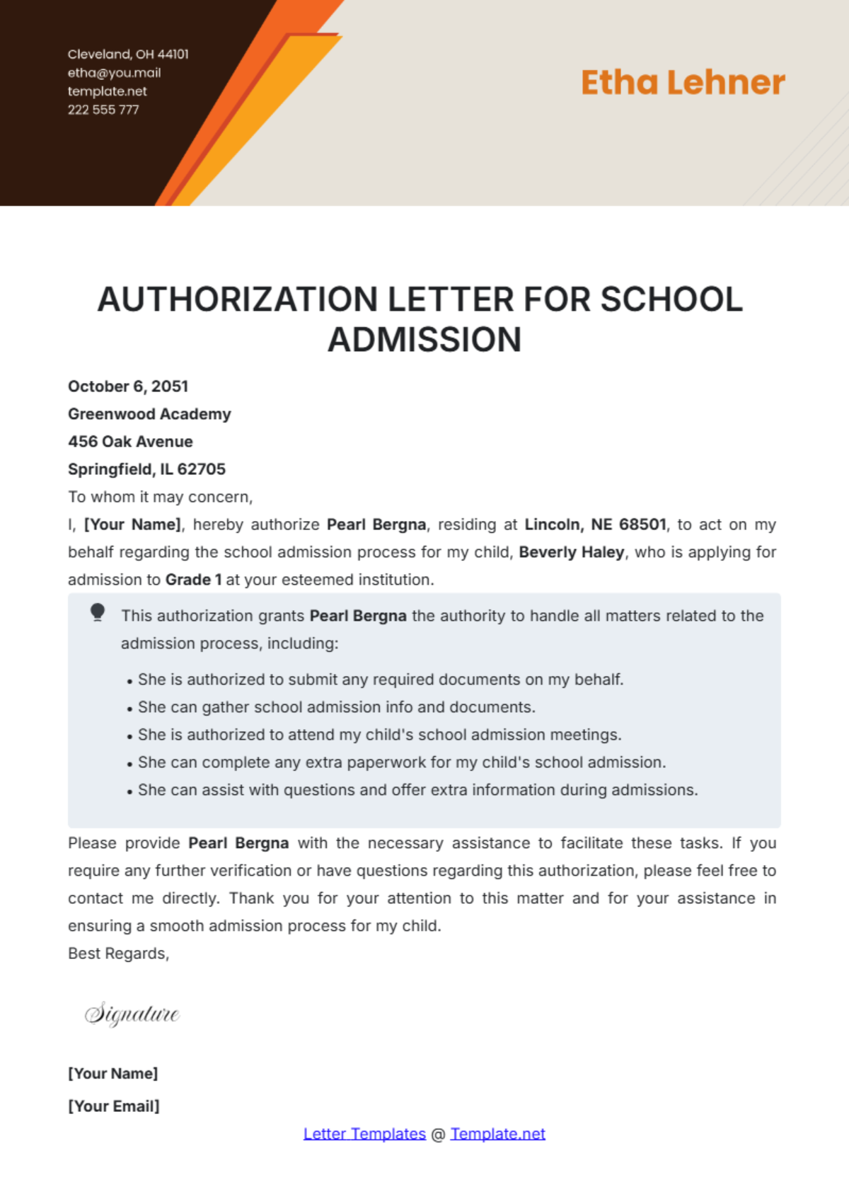 Authorization Letter for School Admission Template - Edit Online & Download