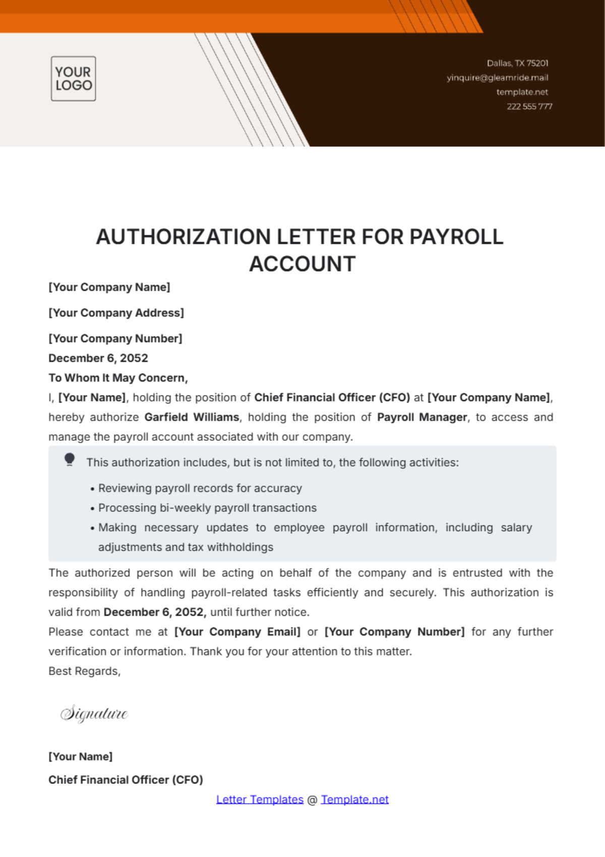 Authorization Letter for Payroll Account Template - Edit Online & Download