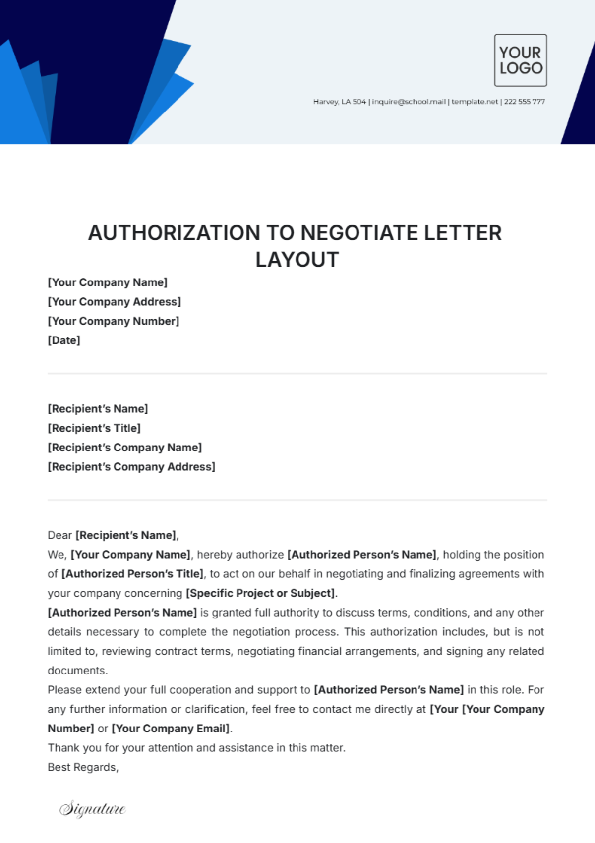 Authorization to Negotiate Letter Layout Template - Edit Online & Download