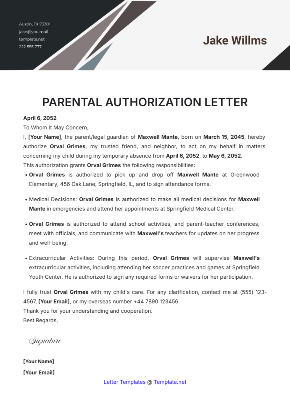 Parental Authorization Letter Template - Edit Online & Download