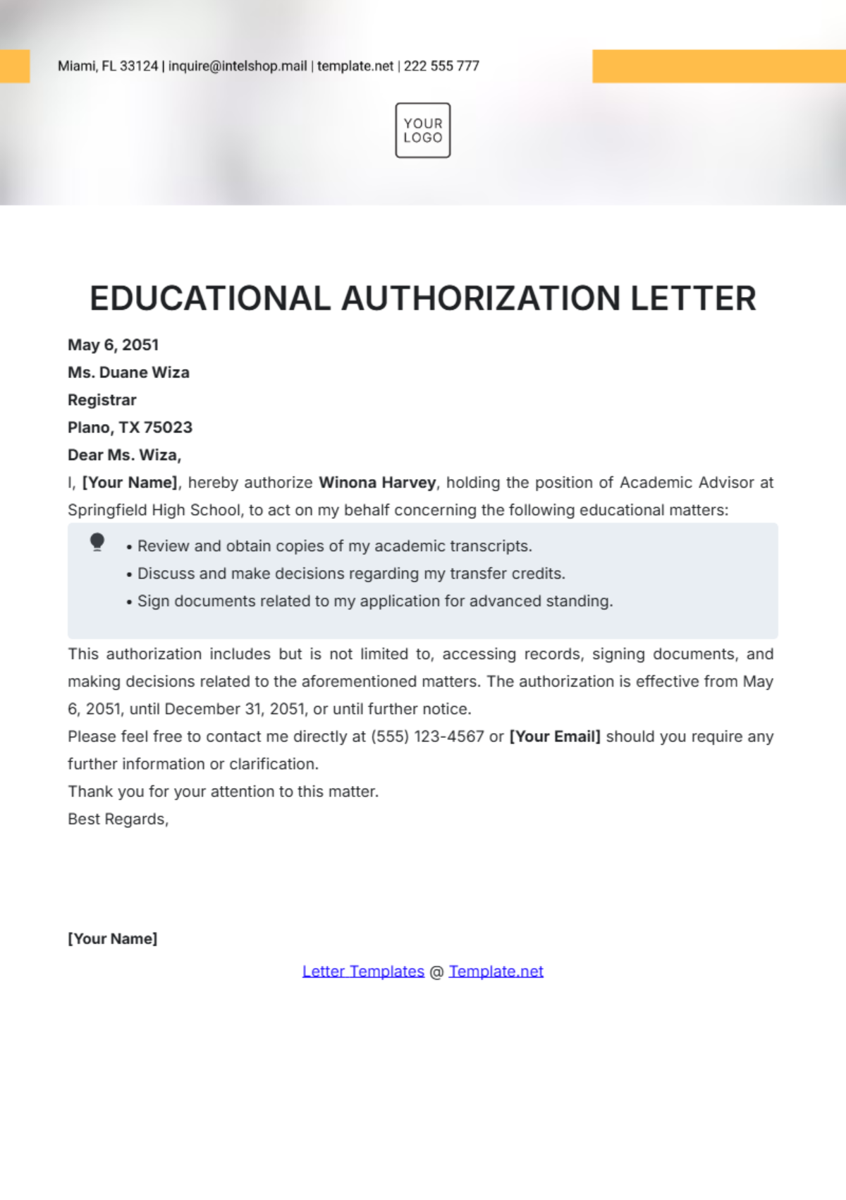 Educational Authorization Letter Template - Edit Online & Download