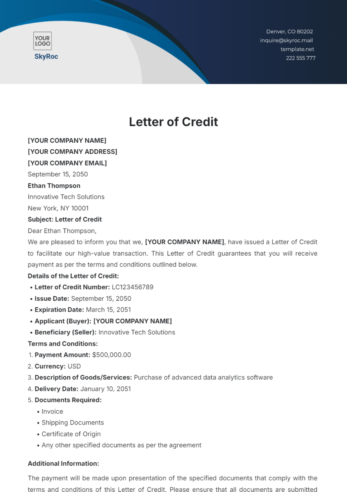 Letter of Credit Template - Edit Online & Download