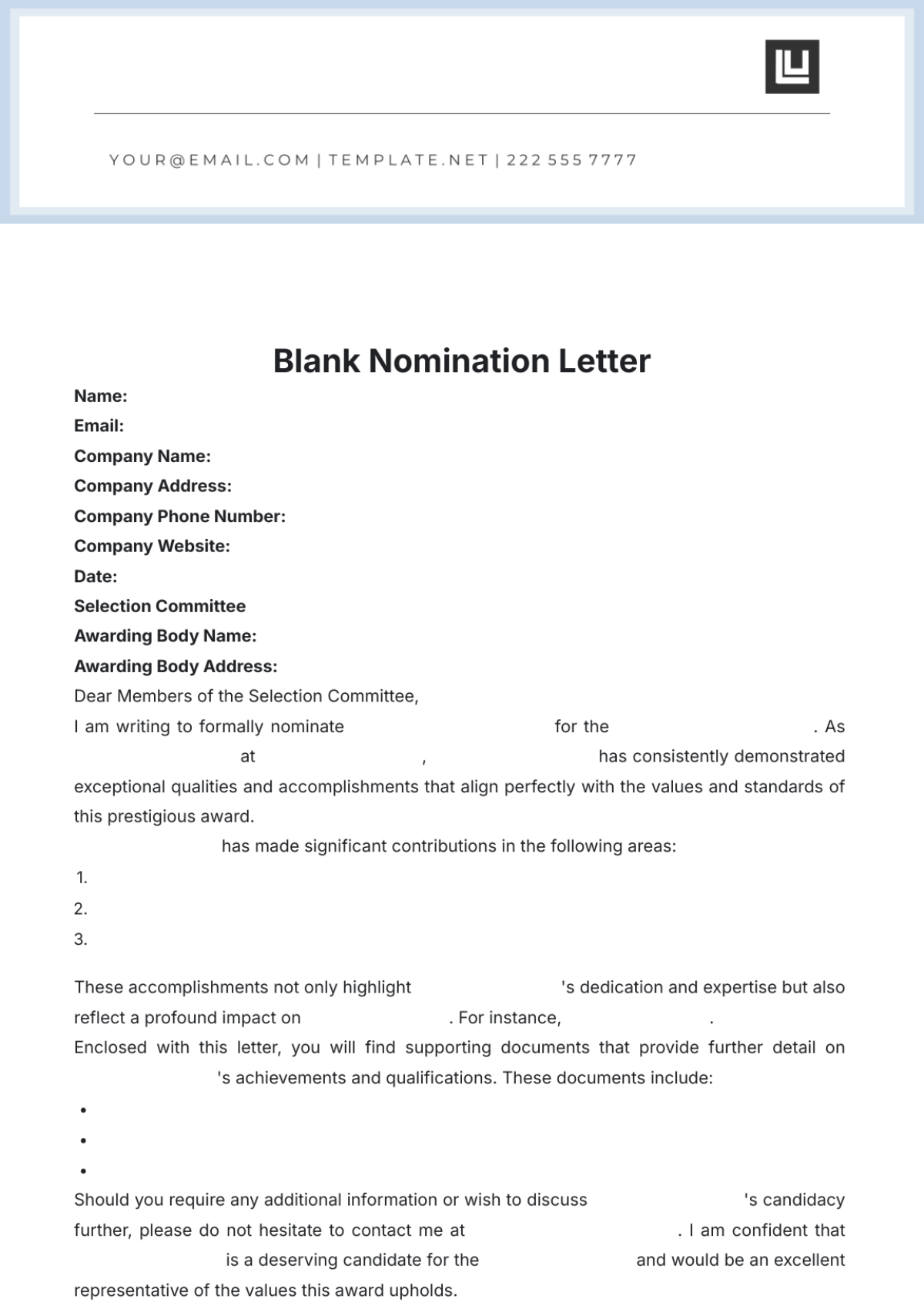 Blank Nomination Letter Template - Edit Online & Download