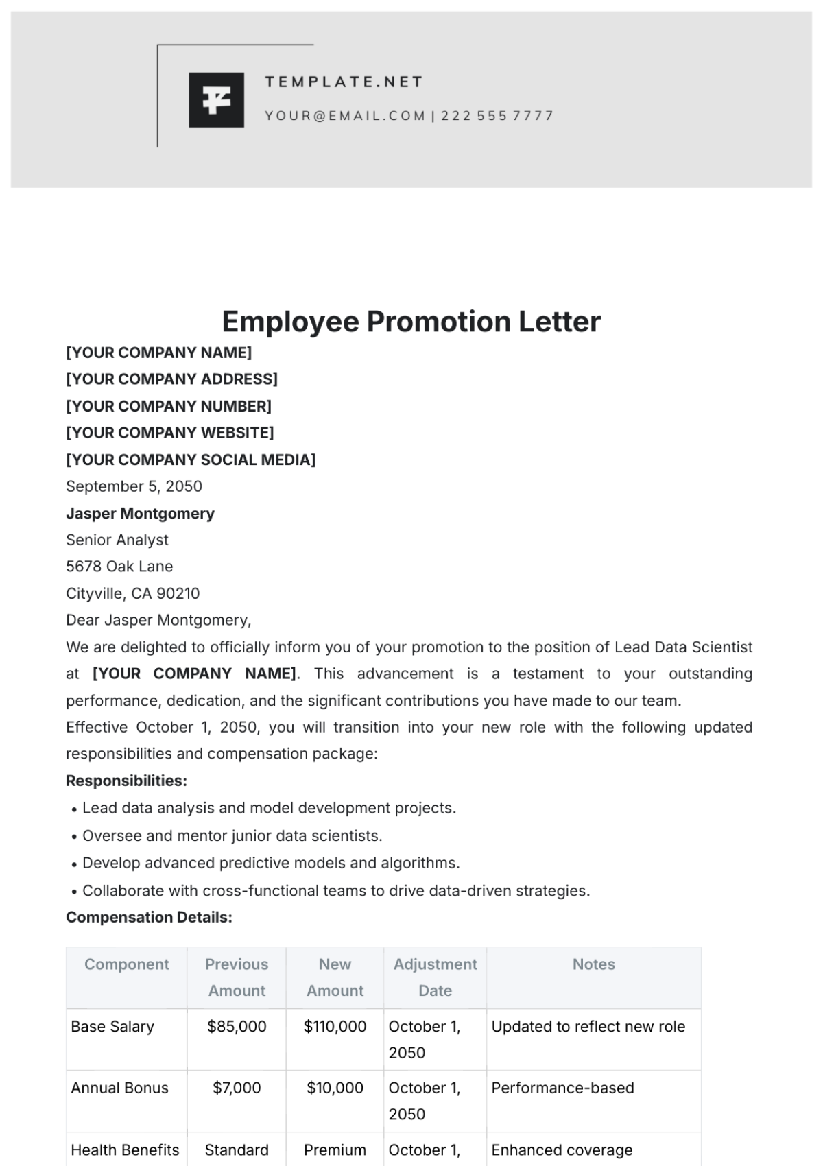 Employee Promotion Letter Template - Edit Online & Download