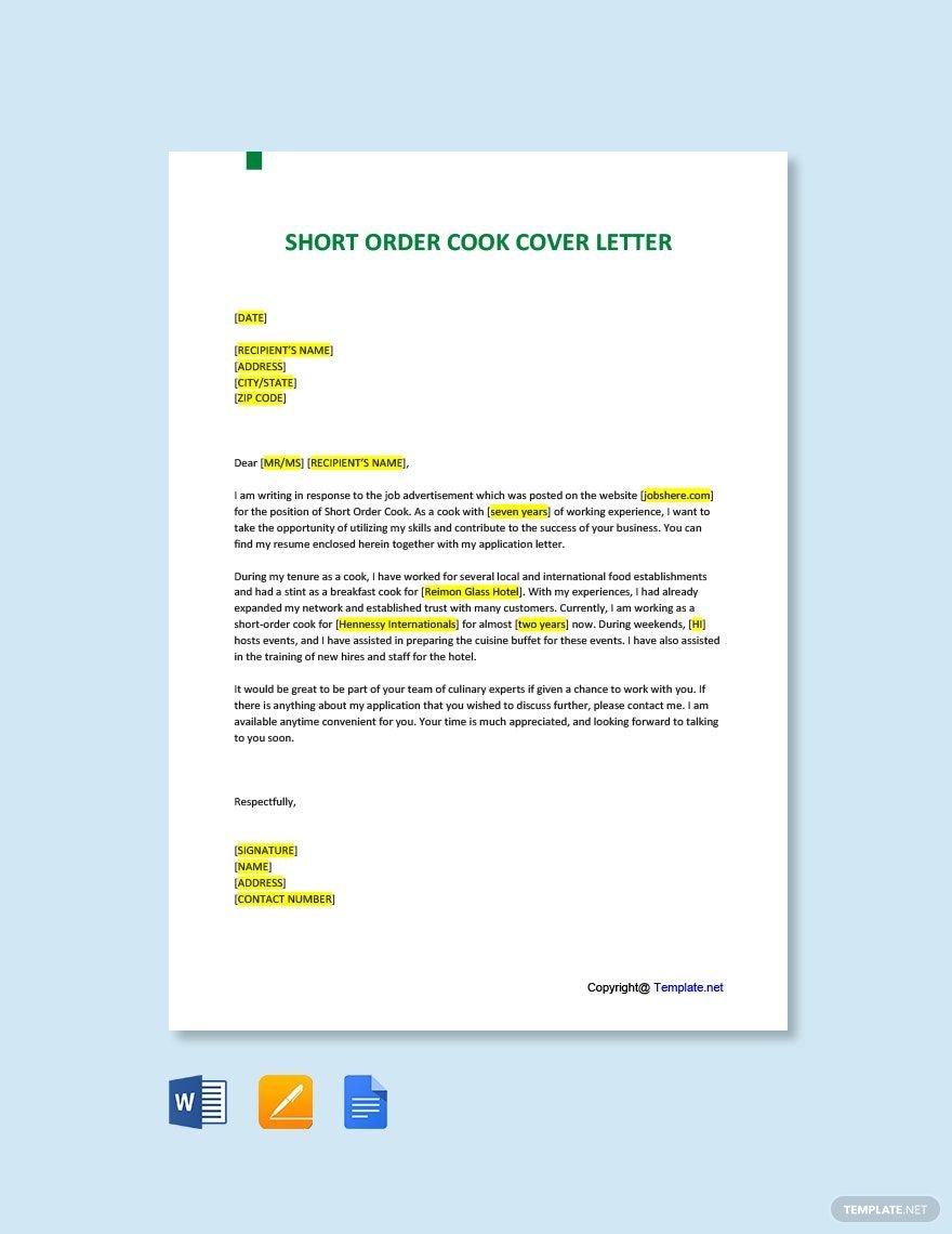 Short Order Cook Cover Letter Template