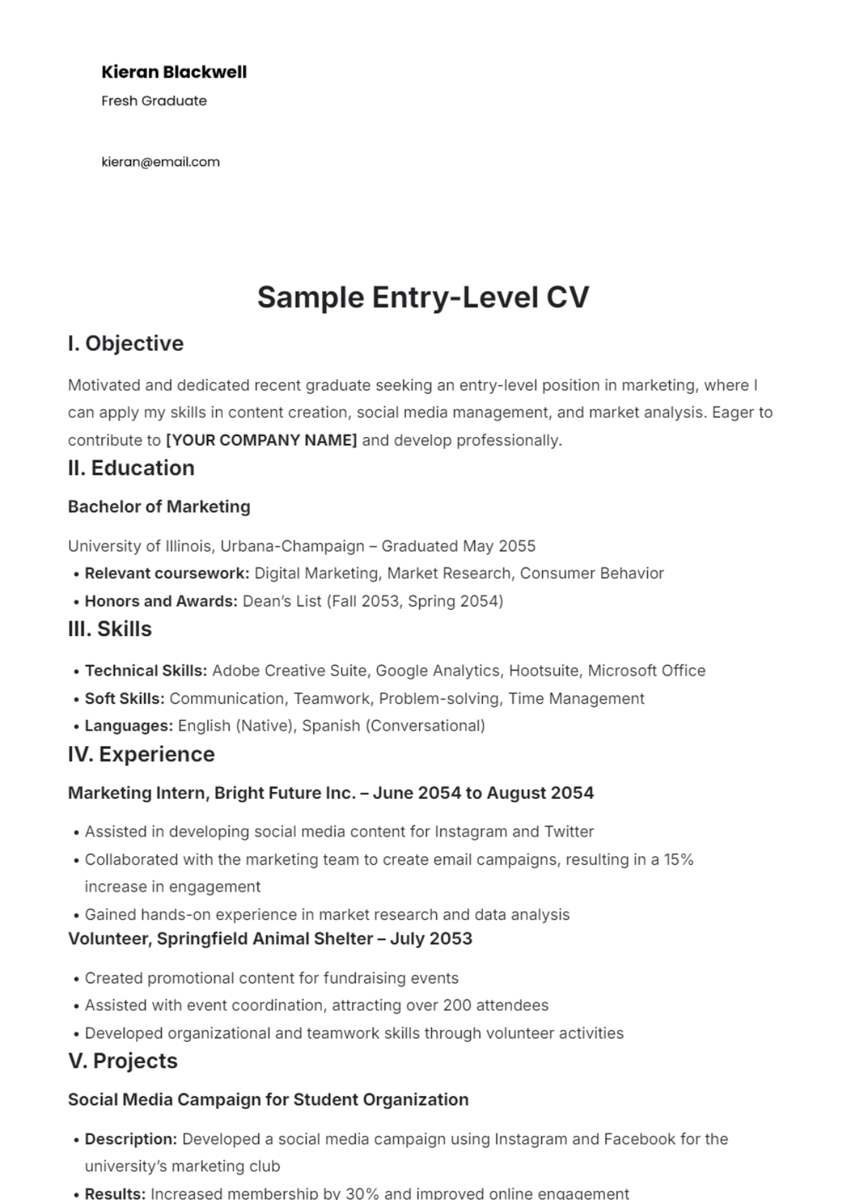 Sample Entry-Level CV Template - Edit Online & Download