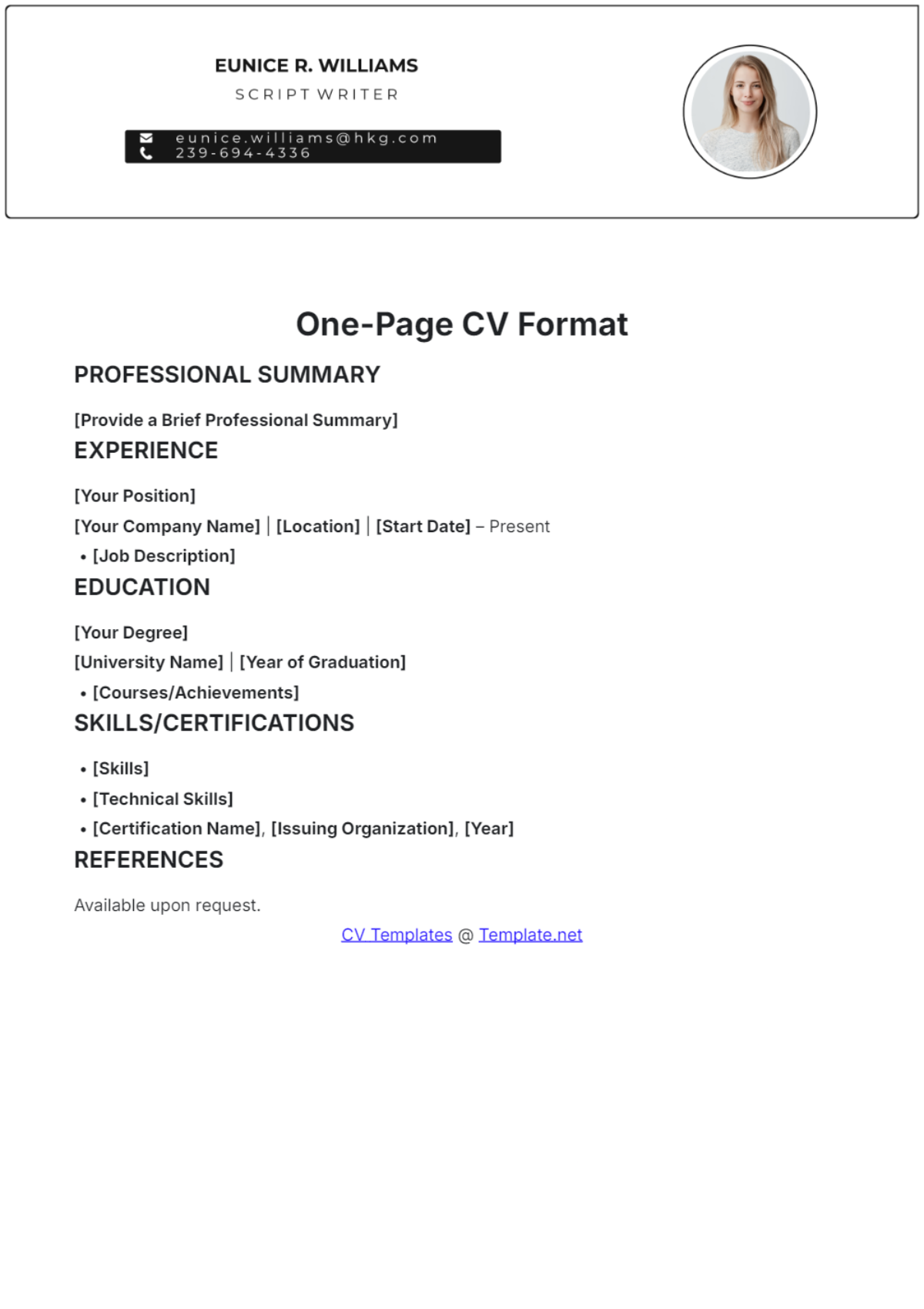 One-Page CV Format Template - Edit Online & Download