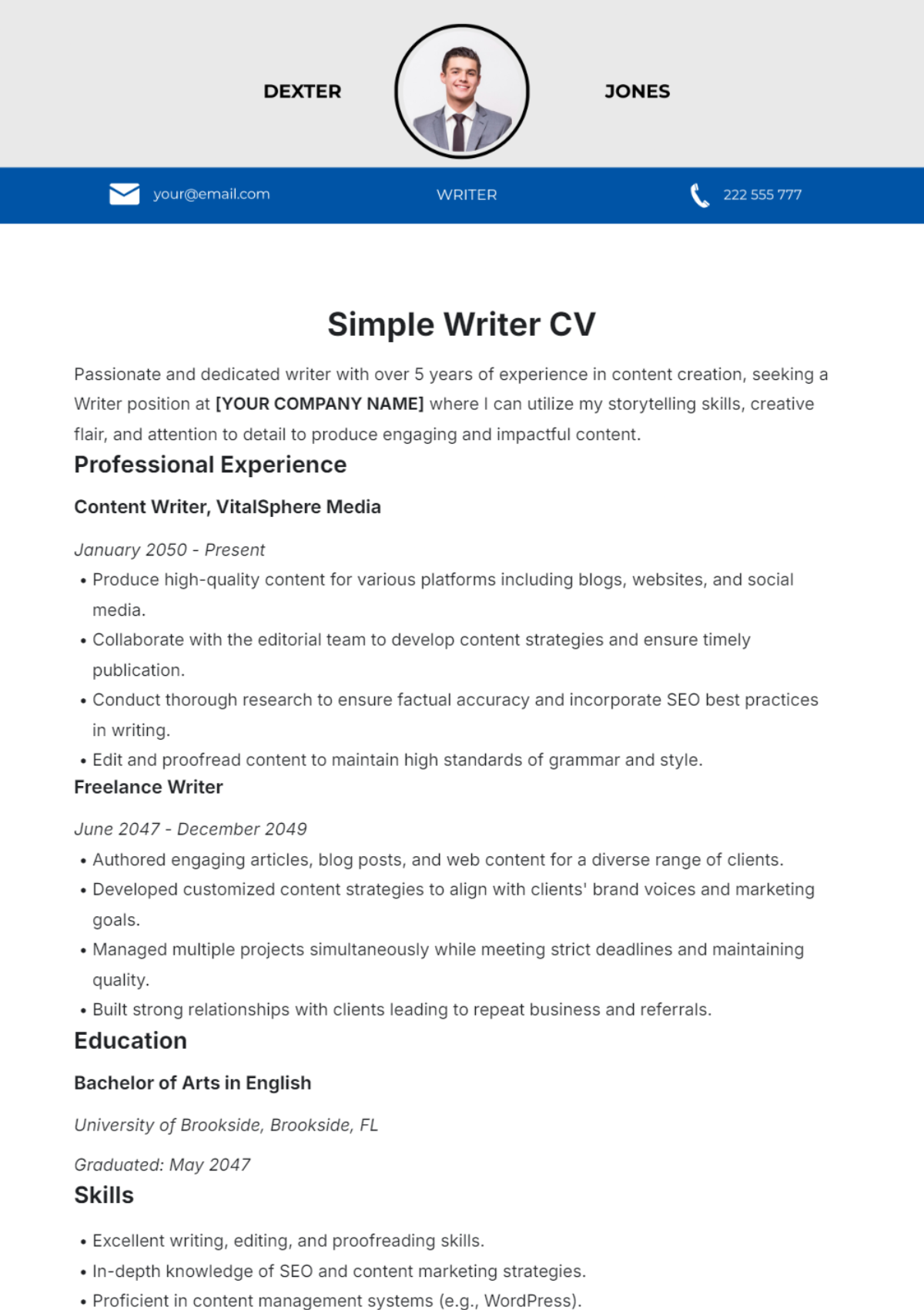 Simple Writer CV Template - Edit Online & Download