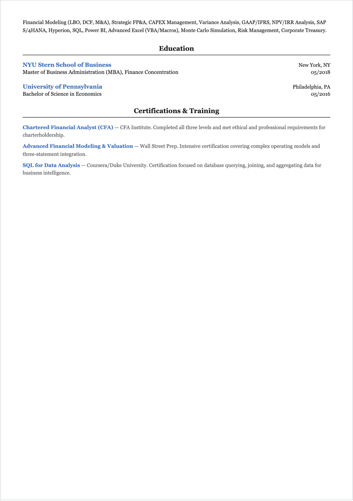 Free Finance ATS CV Layout Template, AI CV Builder