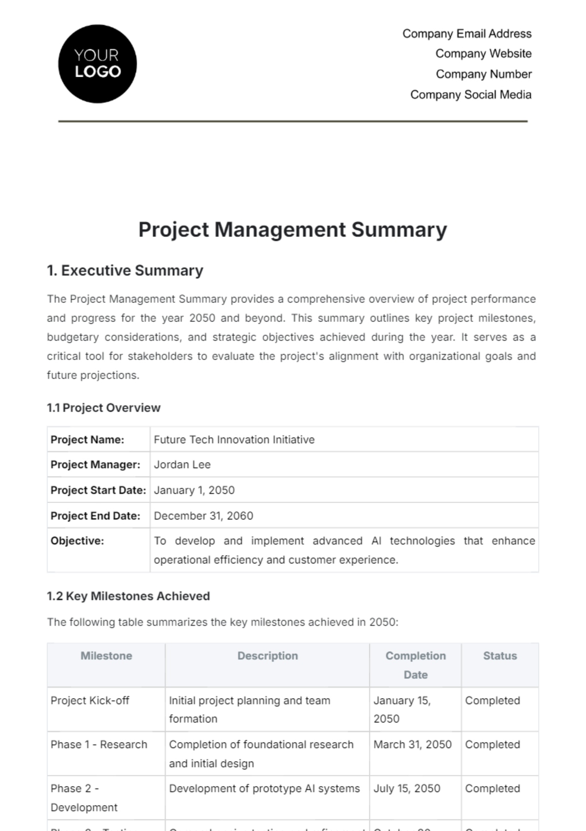 Project Management Summary Template - Edit Online & Download