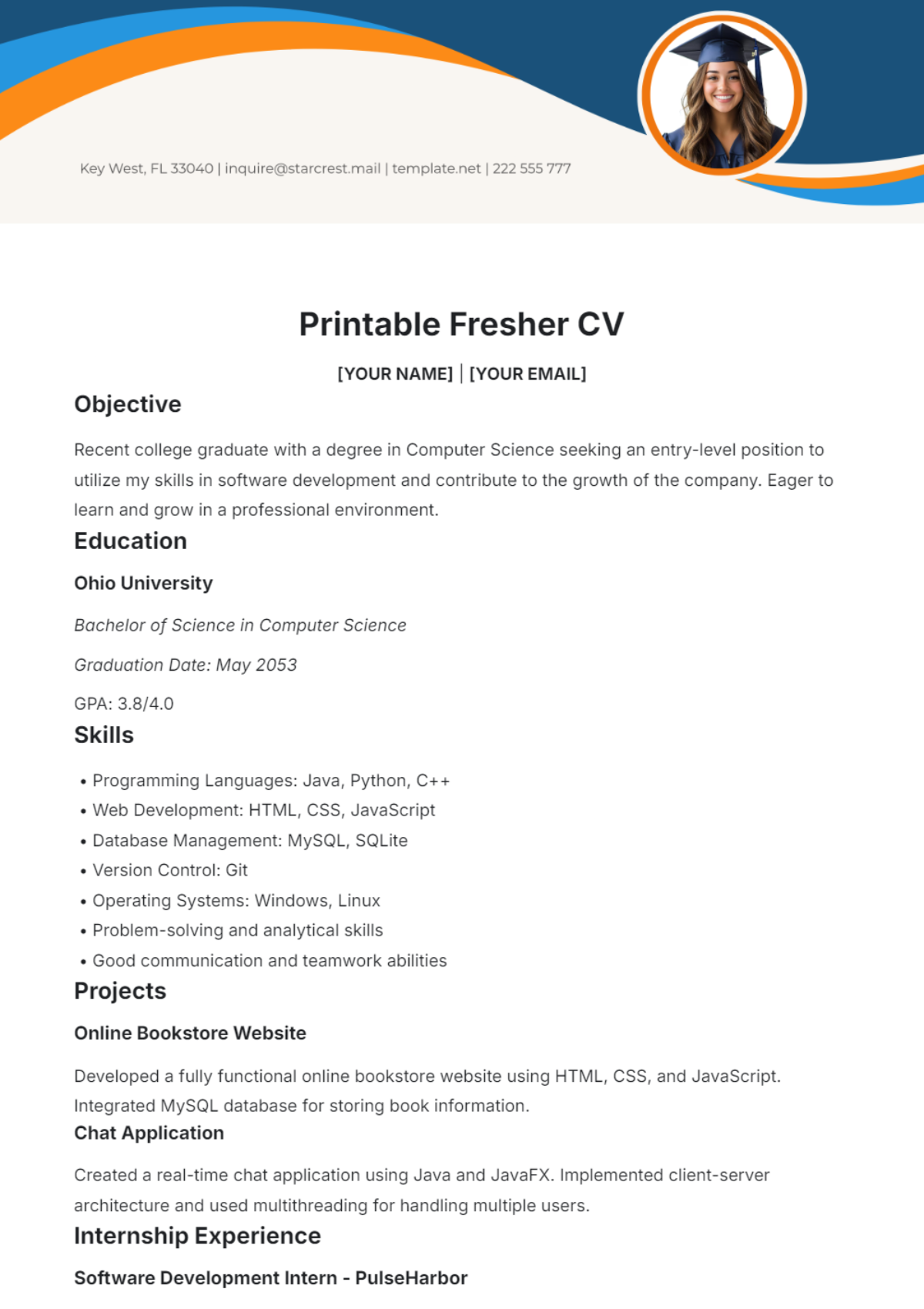 Printable Fresher CV Template - Edit Online & Download