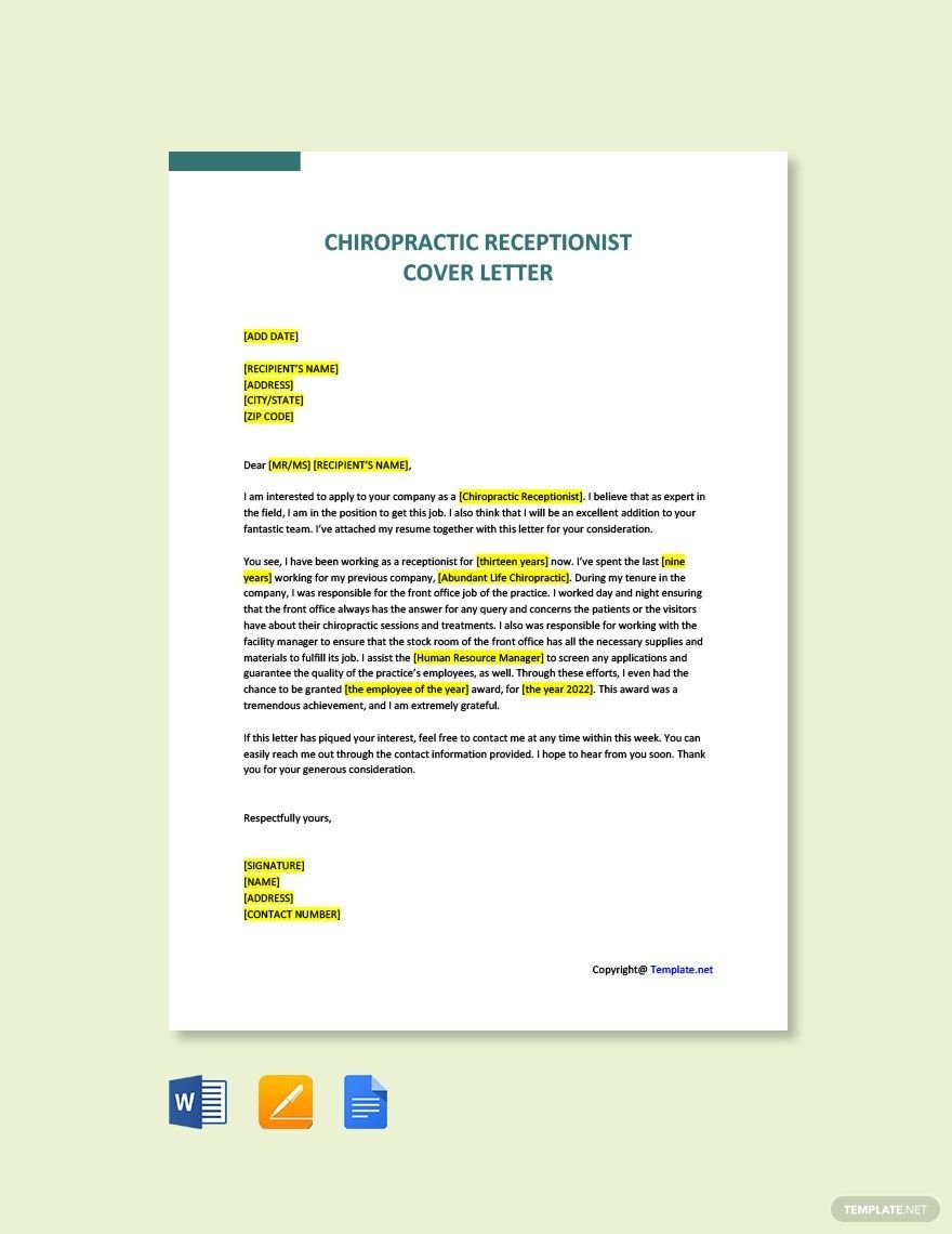 Sample Chiropractic Receptionist Cover Letter