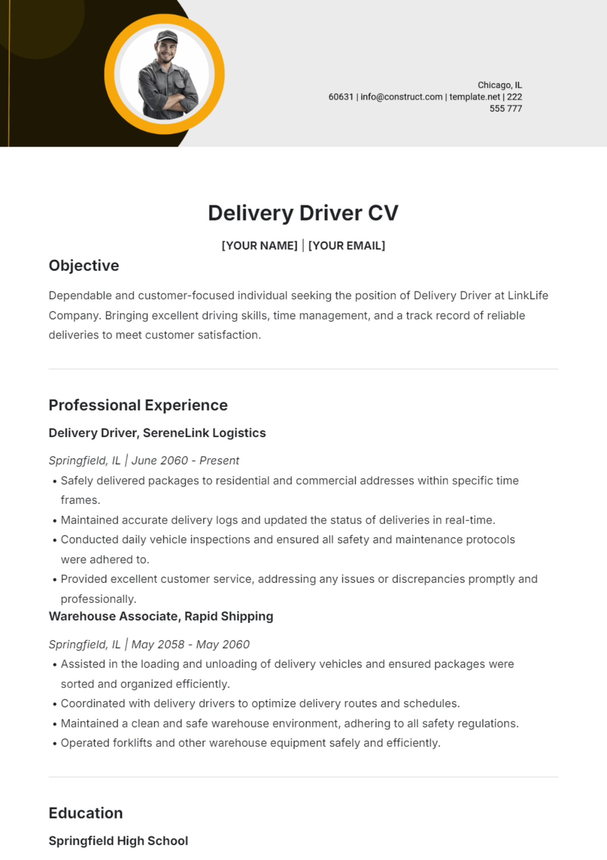 Delivery Driver CV Template - Edit Online & Download