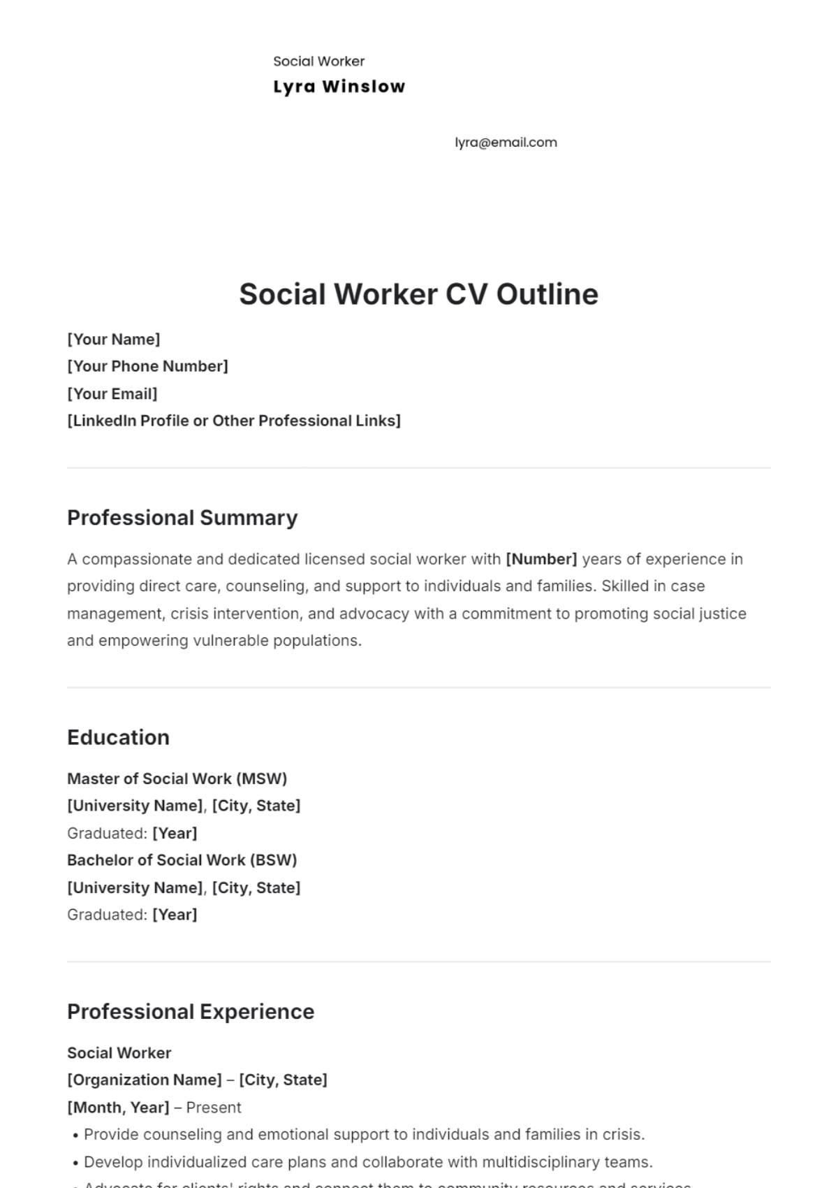 Social Worker CV Outline Template - Edit Online & Download