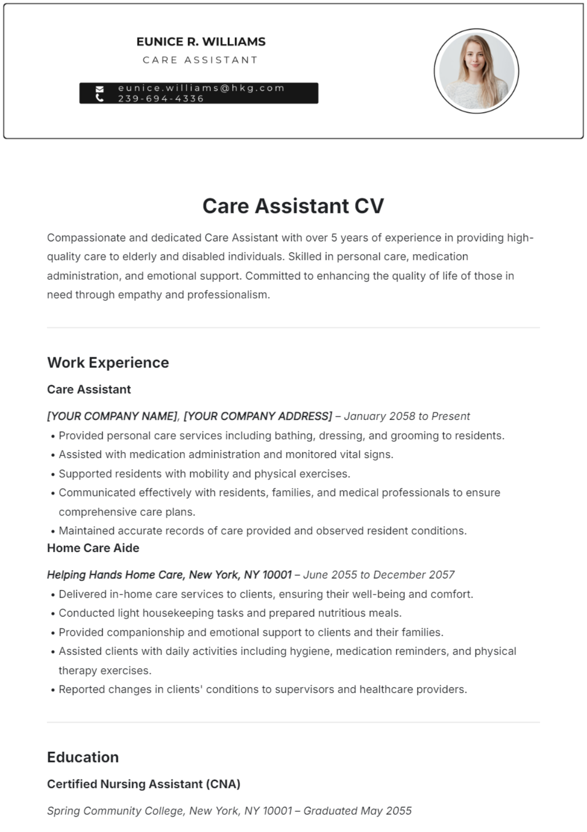 Care Assistant CV Template - Edit Online & Download