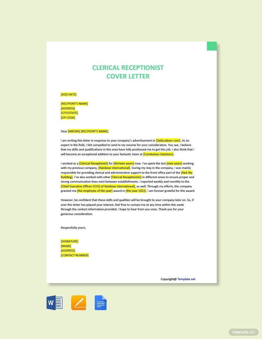 Simple Clerical Receptionist Cover Letter