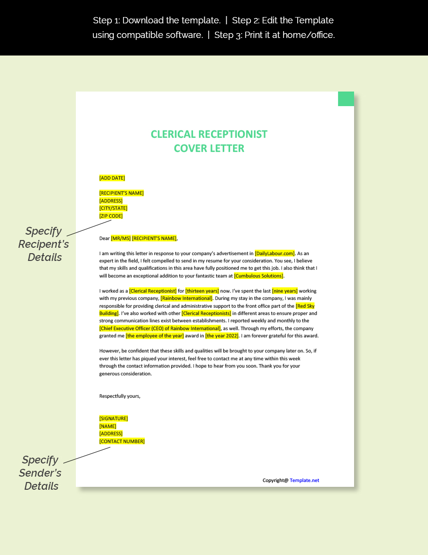 Simple Clerical Receptionist Cover Letter