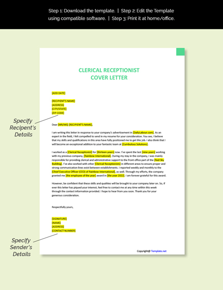 Simple Clerical Receptionist Cover Letter Template - Google Docs, Word ...