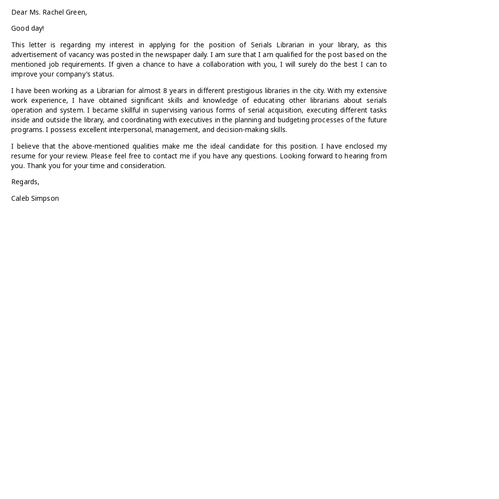 Free Serials Librarian Cover Letter Template.jpe