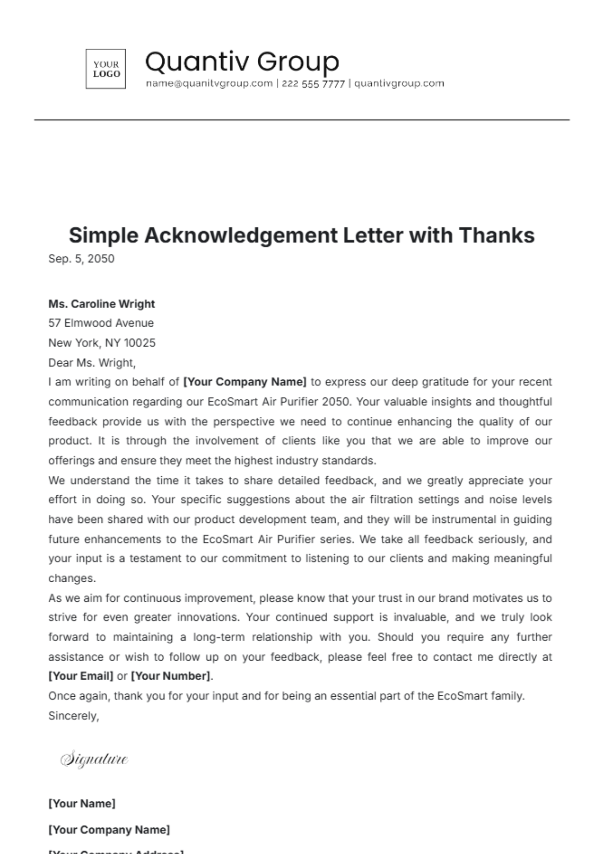 Simple Acknowledgement Letter with Thanks Template