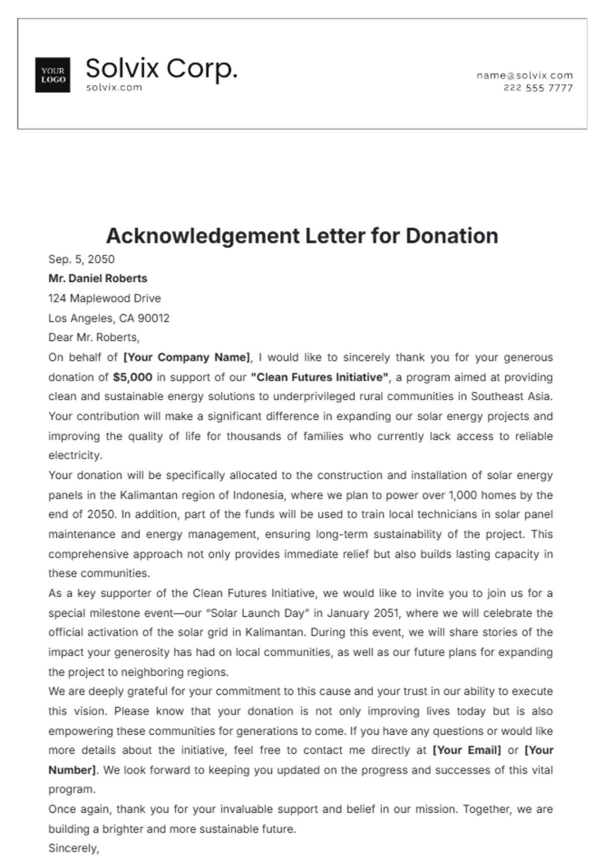 Acknowledgement Letter for Donation Template