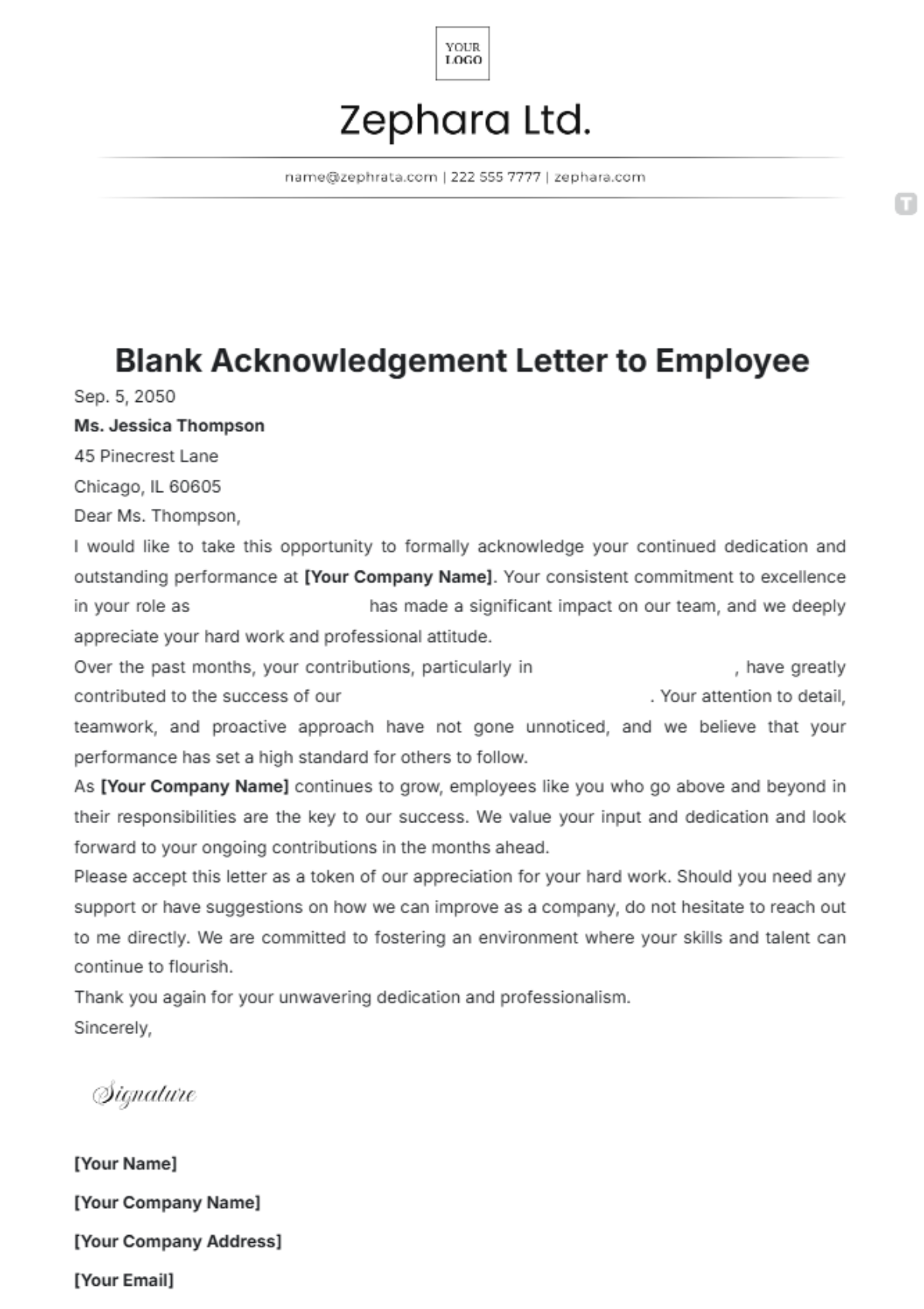 Blank Acknowledgement Letter to Employee Template