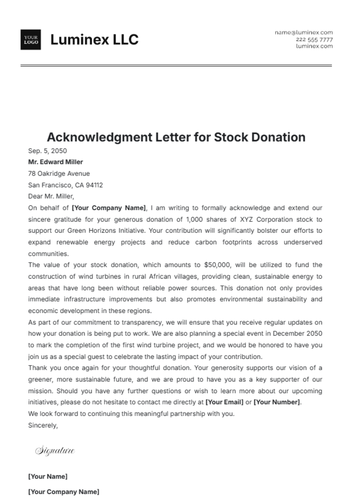 Acknowledgement Letter for Stock Donation Template