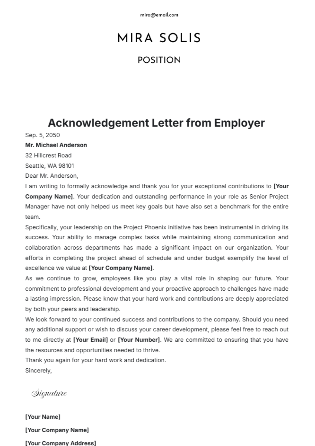 Acknowledgement Letter from Employer Template