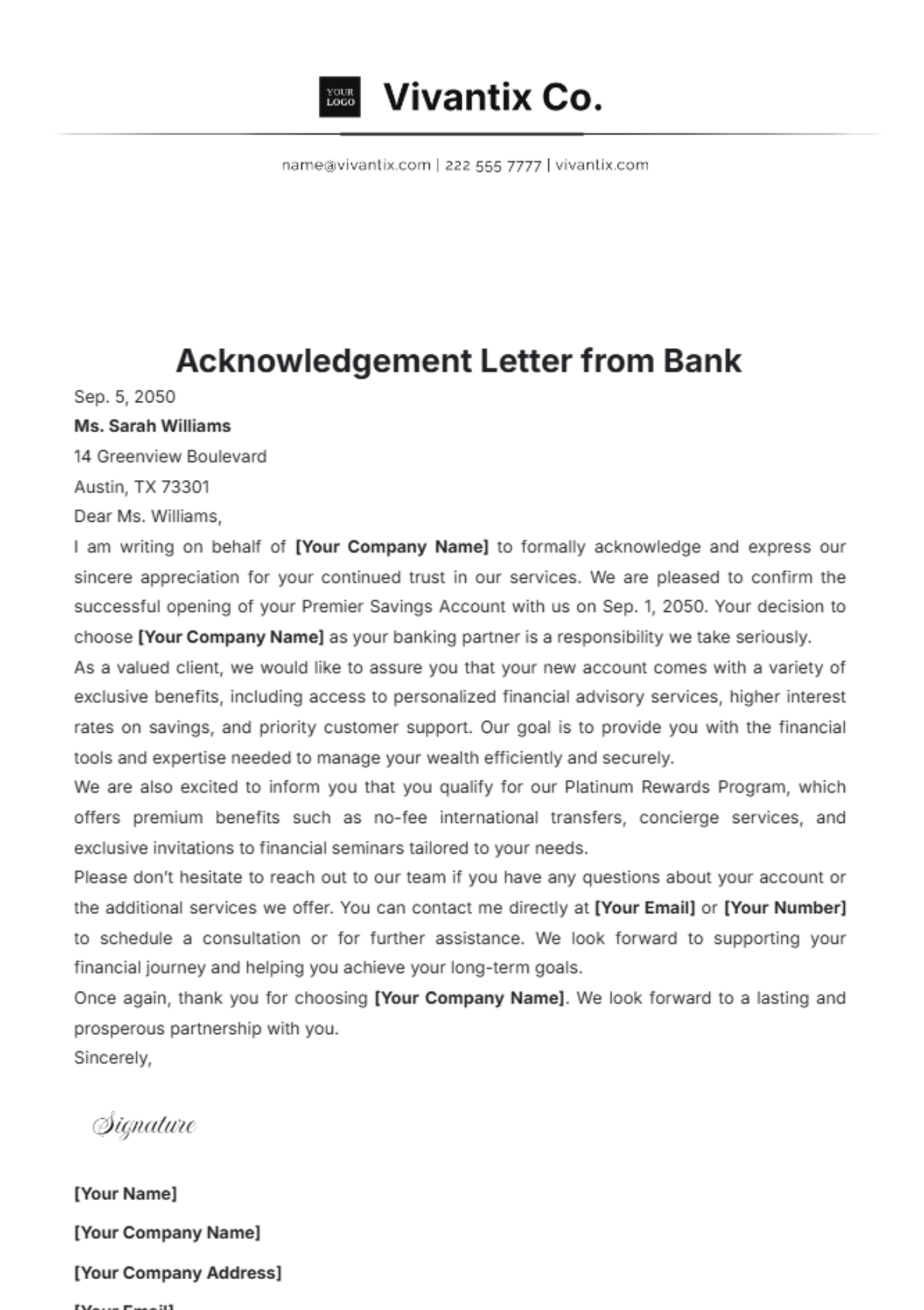 Acknowledgement Letter from Bank Template