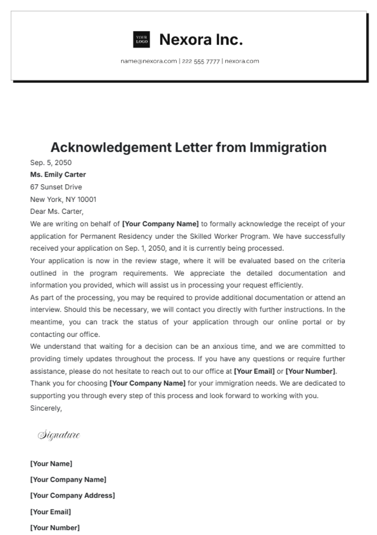 Acknowledgement Letter from Immigration Template