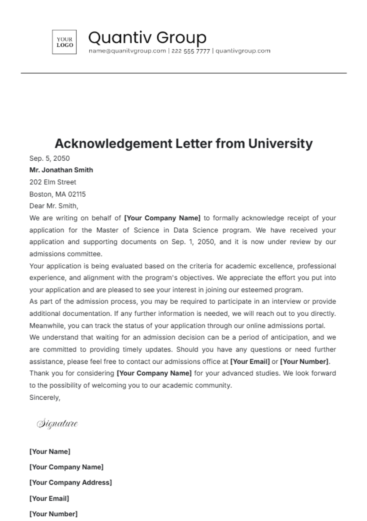 Acknowledgement Letter from University Template