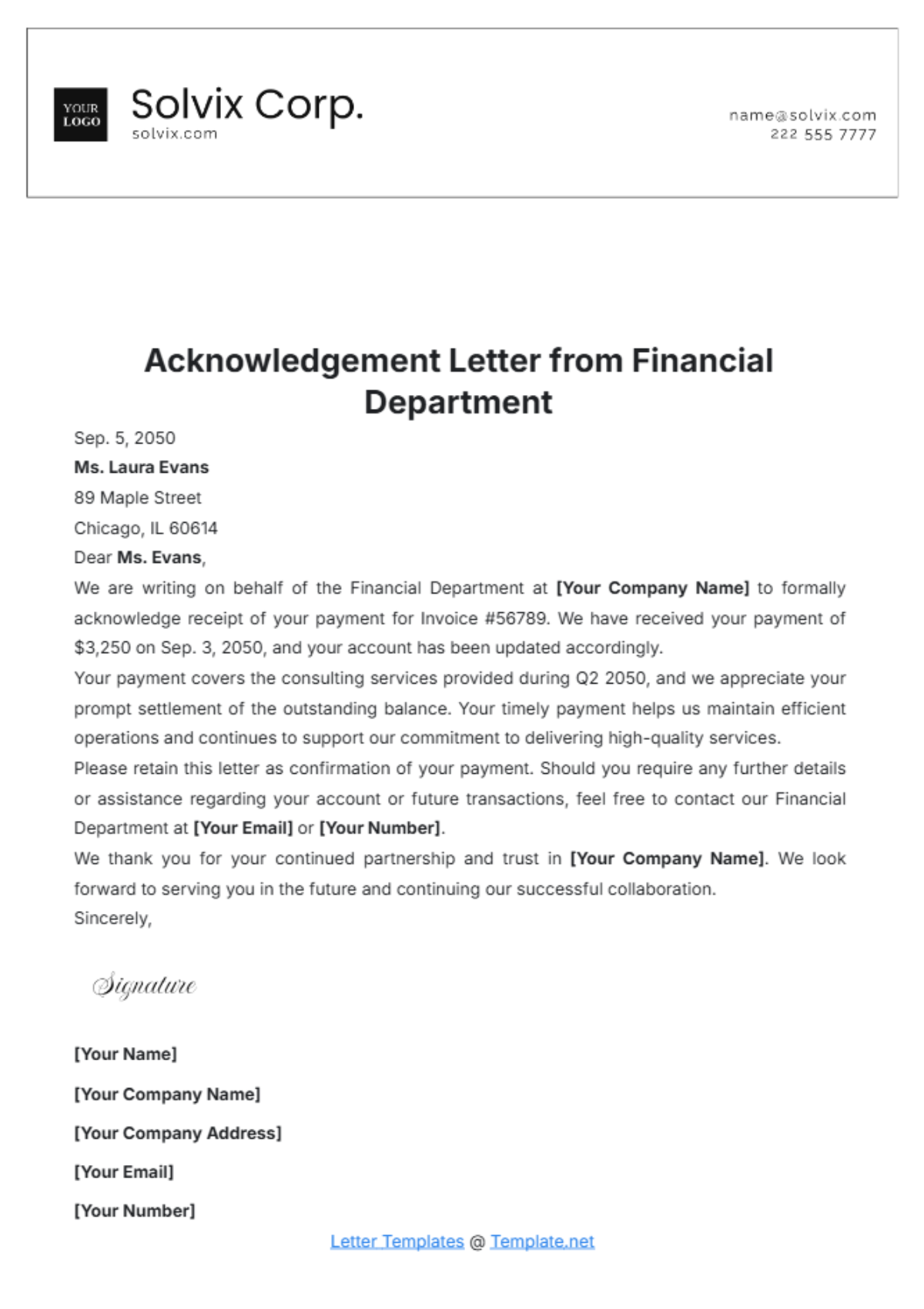 Acknowledgement Letter from Financial Department Template