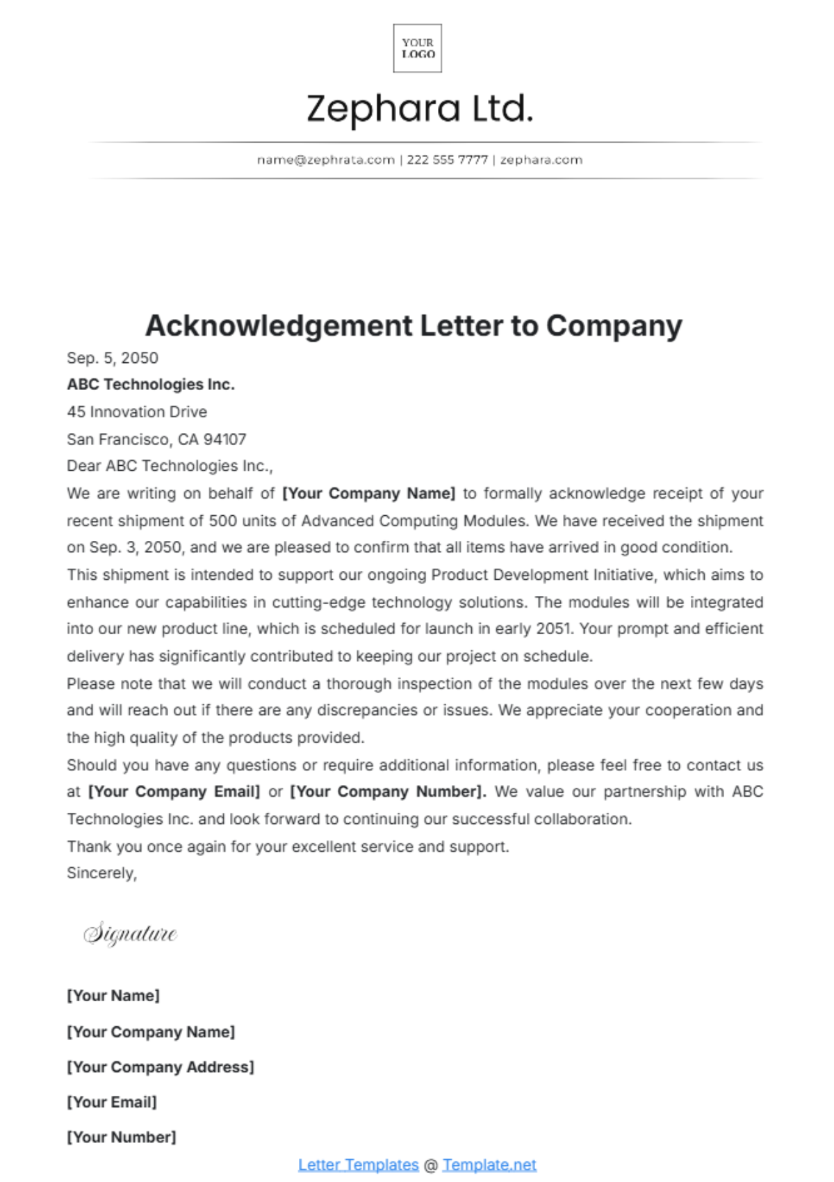 Acknowledgement Letter to Company Template