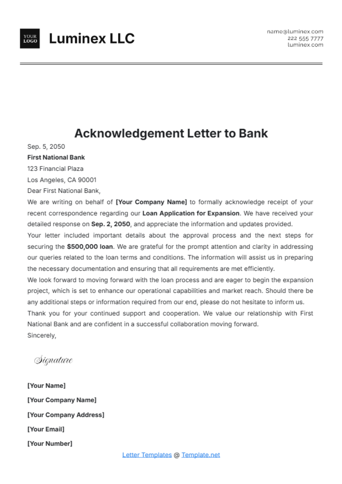 Acknowledgement Letter to Bank Template