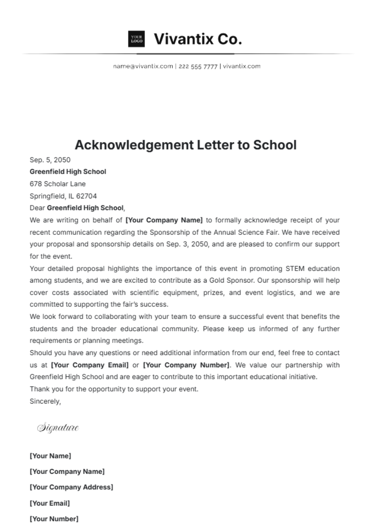 Acknowledgement Letter to School Template