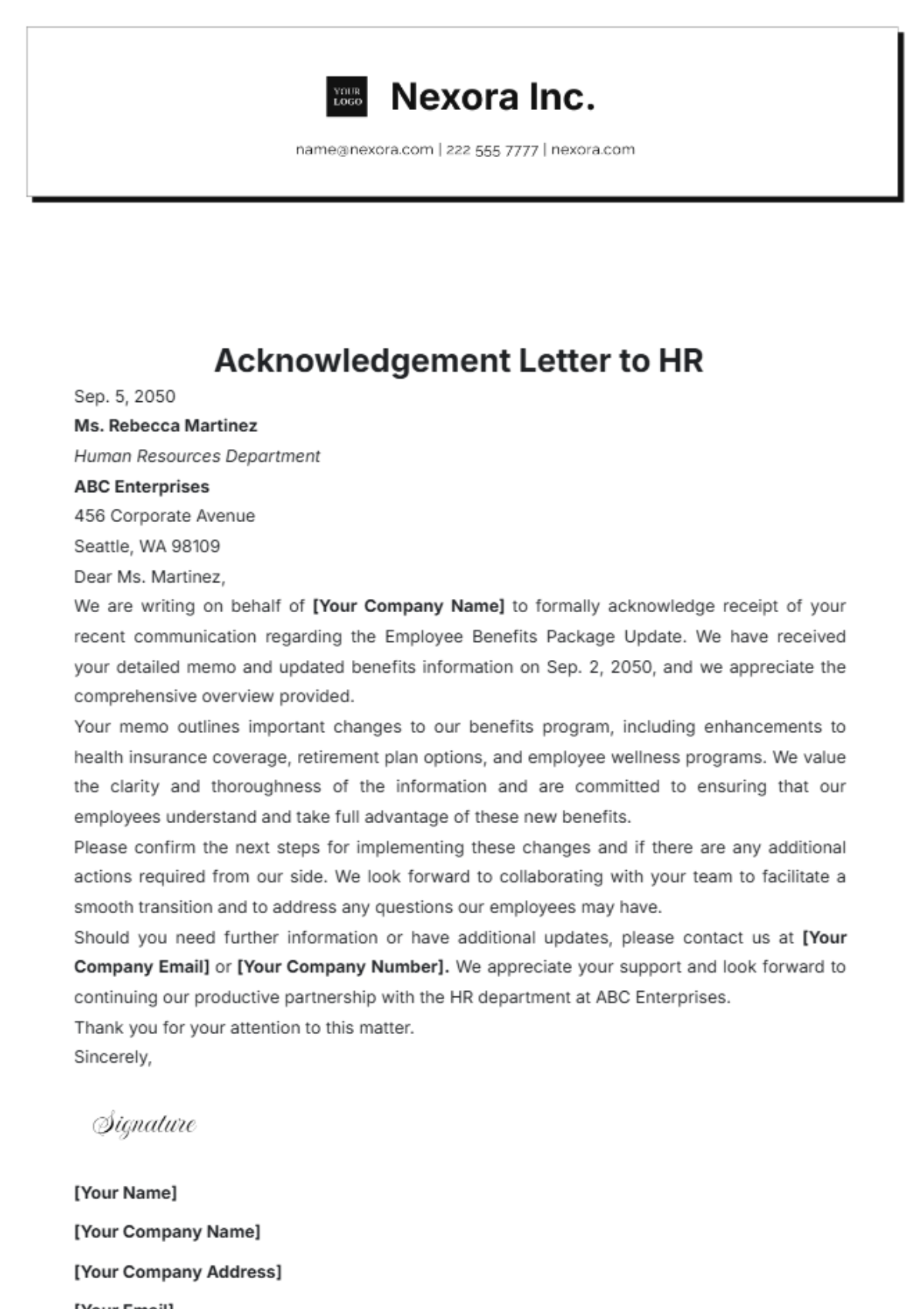 Acknowledgement Letter to HR Template