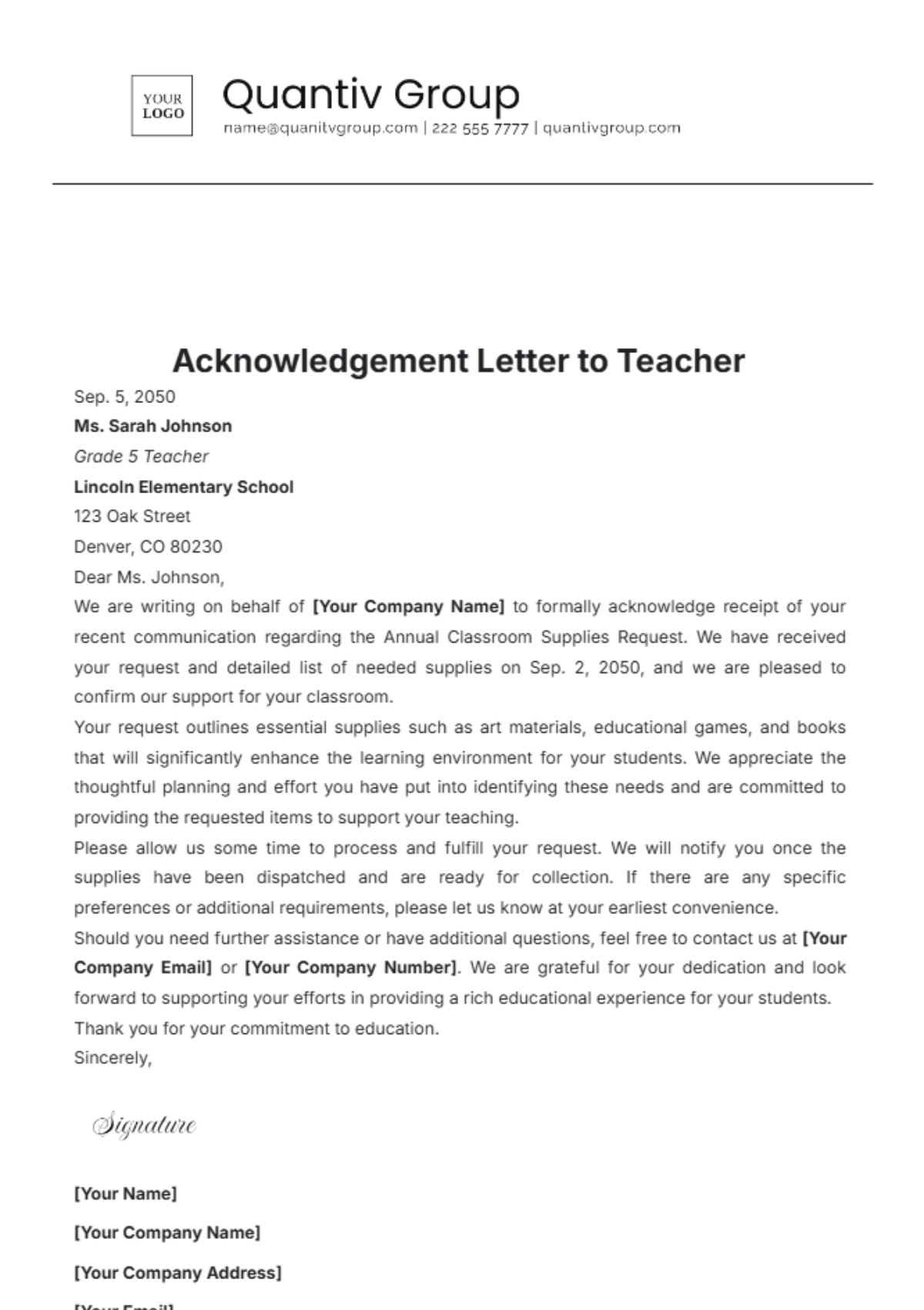 Acknowledgement Letter to Teacher Template