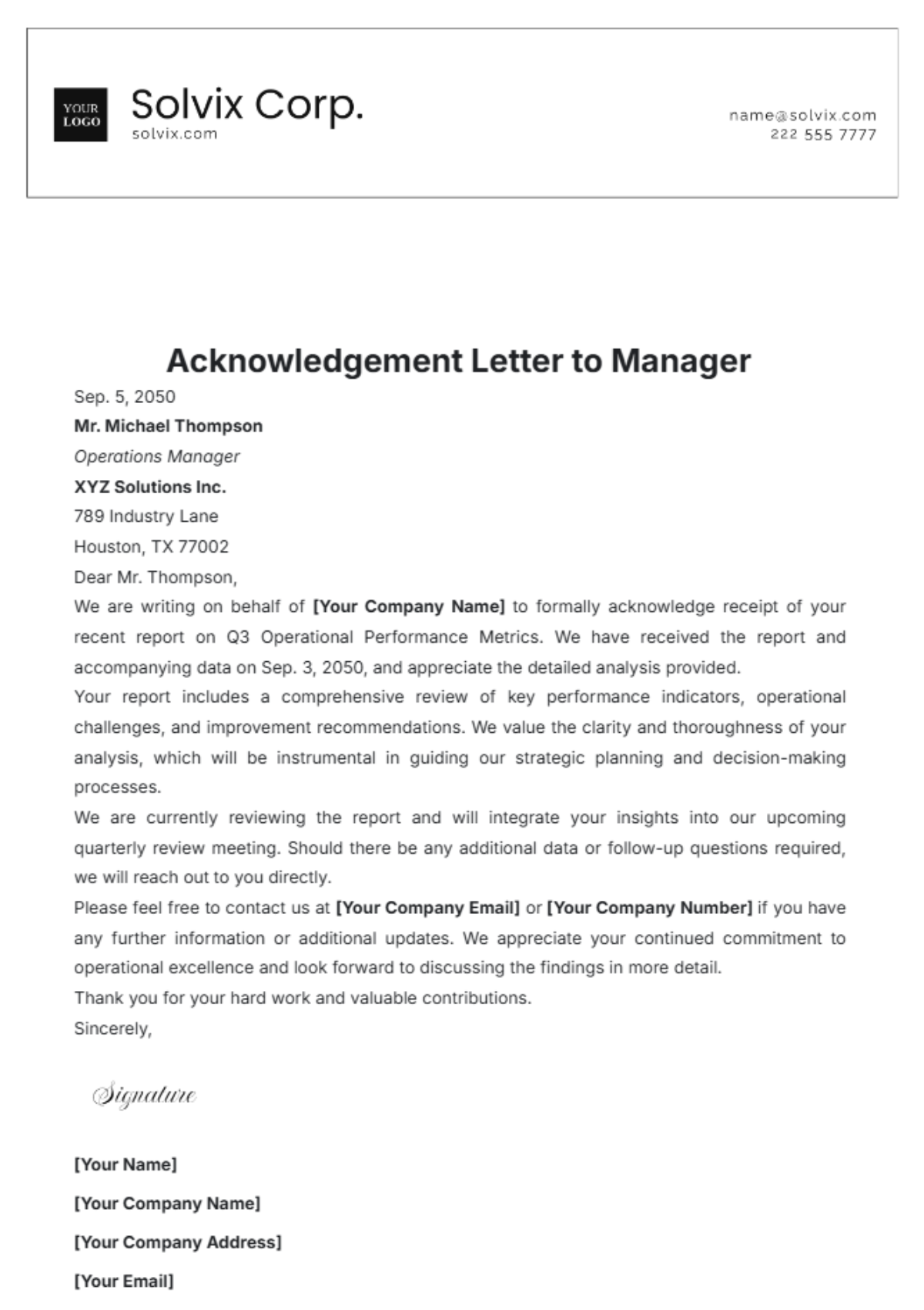 Acknowledgement Letter to Manager Template